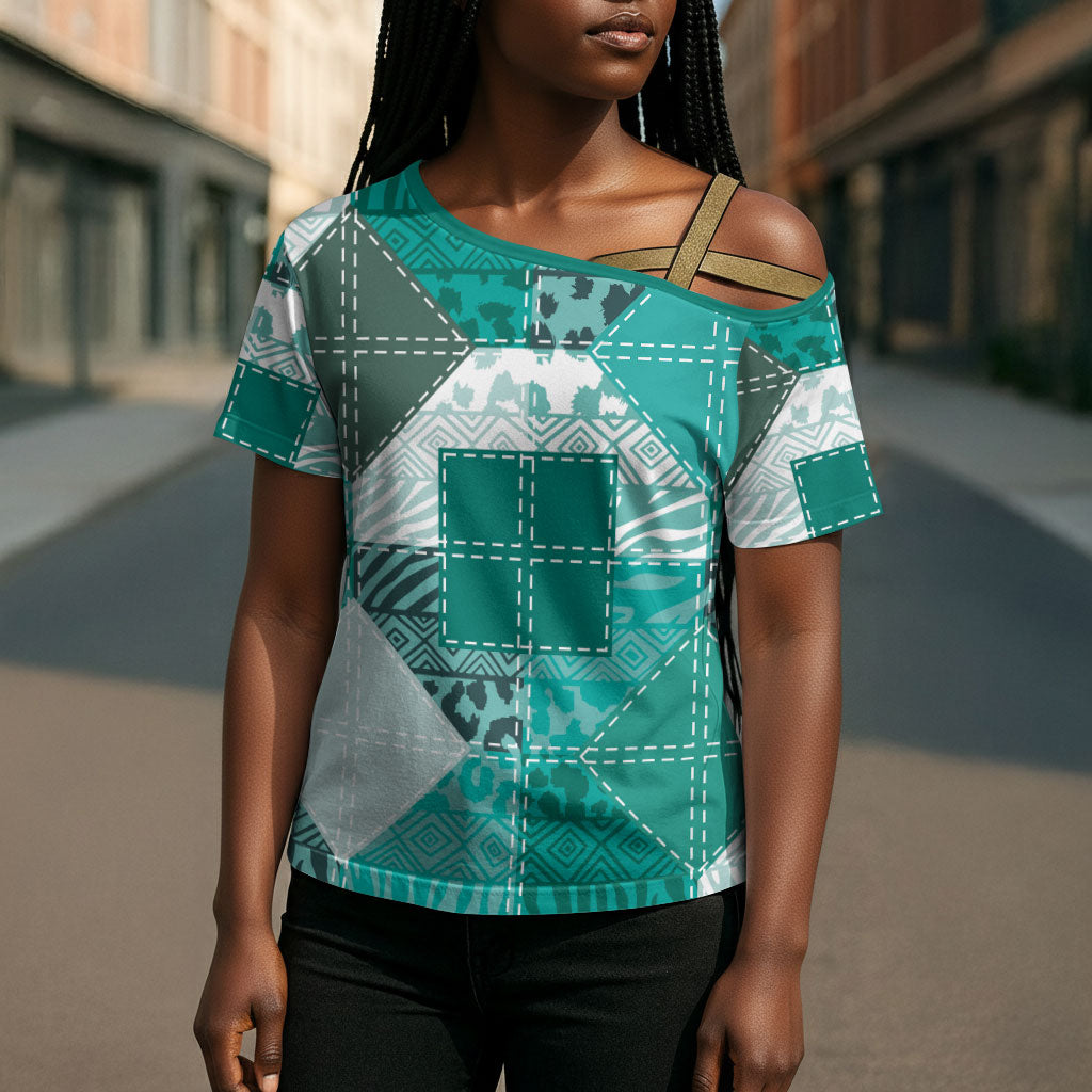 African American Quilt Inspired Cross Shoulder Shirt Wild Animal Skin African Turquoise Tribal Elements