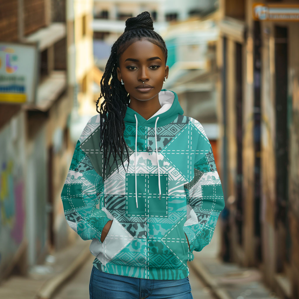 African American Quilt Inspired Hoodie Wild Animal Skin African Turquoise Tribal Elements