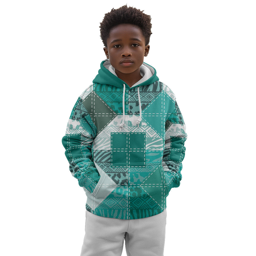 African American Quilt Inspired Kid Hoodie Wild Animal Skin African Turquoise Tribal Elements