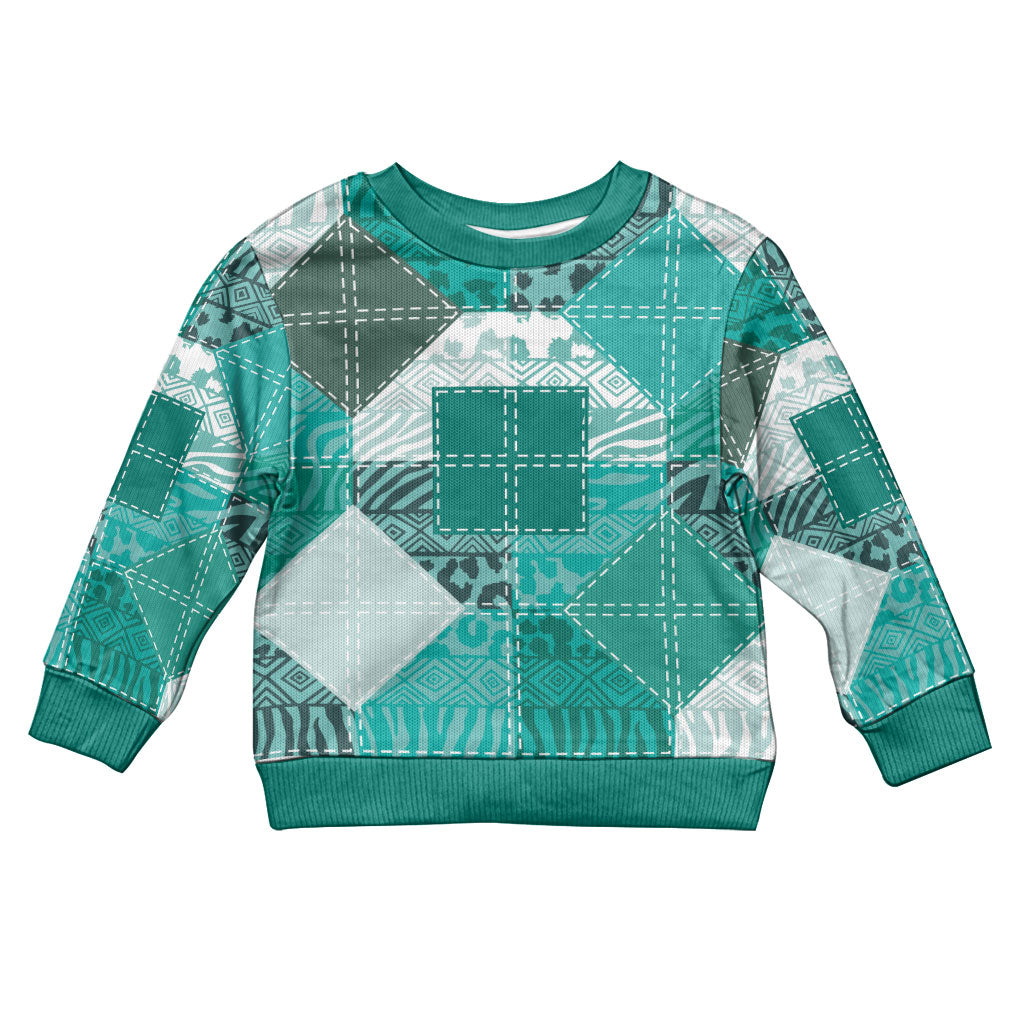 African American Quilt Inspired Kid Ugly Christmas Sweater Wild Animal Skin African Turquoise Tribal Elements
