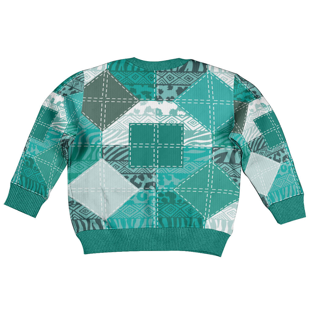 African American Quilt Inspired Kid Ugly Christmas Sweater Wild Animal Skin African Turquoise Tribal Elements
