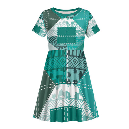 African American Quilt Inspired Kid Short Sleeve Dress Wild Animal Skin African Turquoise Tribal Elements