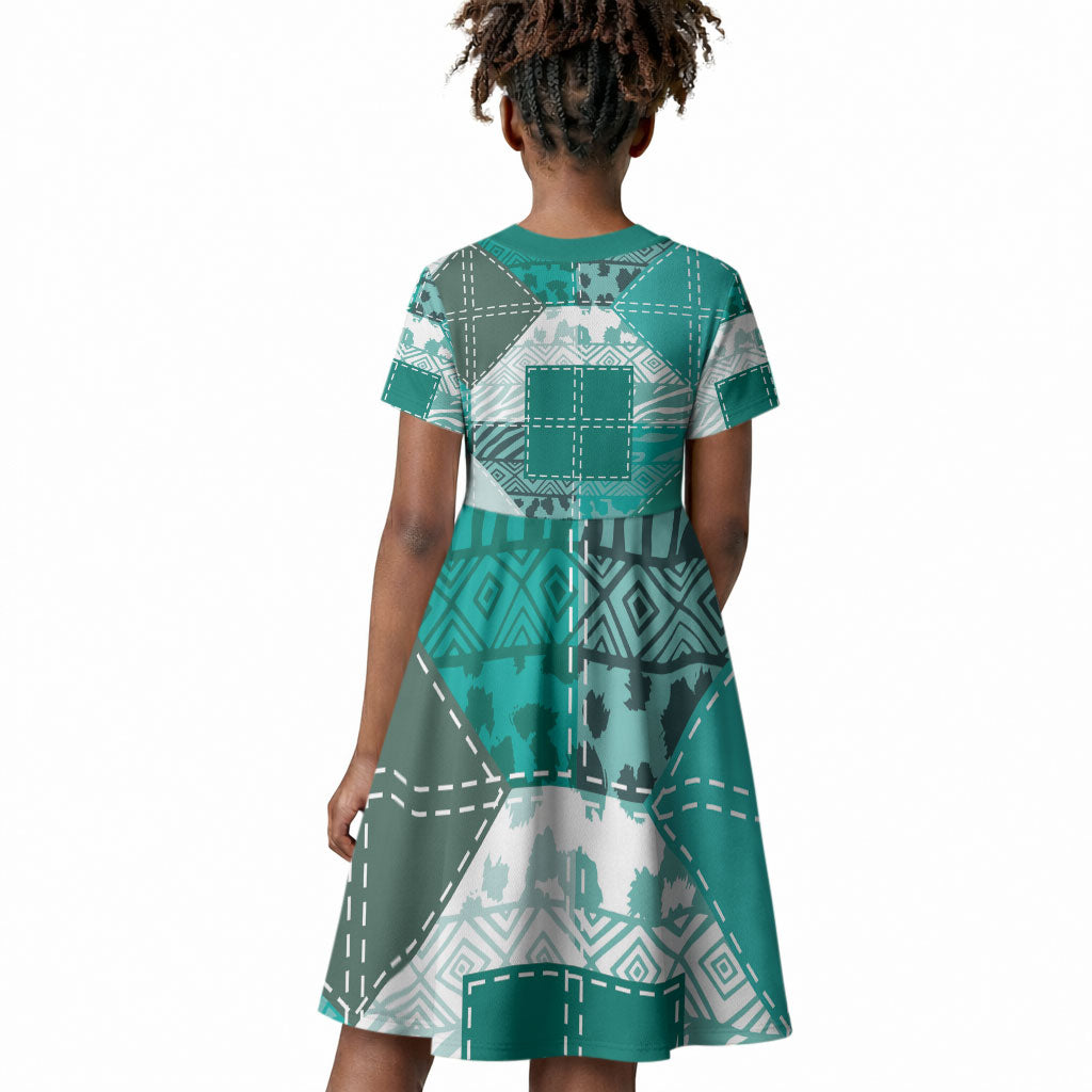 African American Quilt Inspired Kid Short Sleeve Dress Wild Animal Skin African Turquoise Tribal Elements