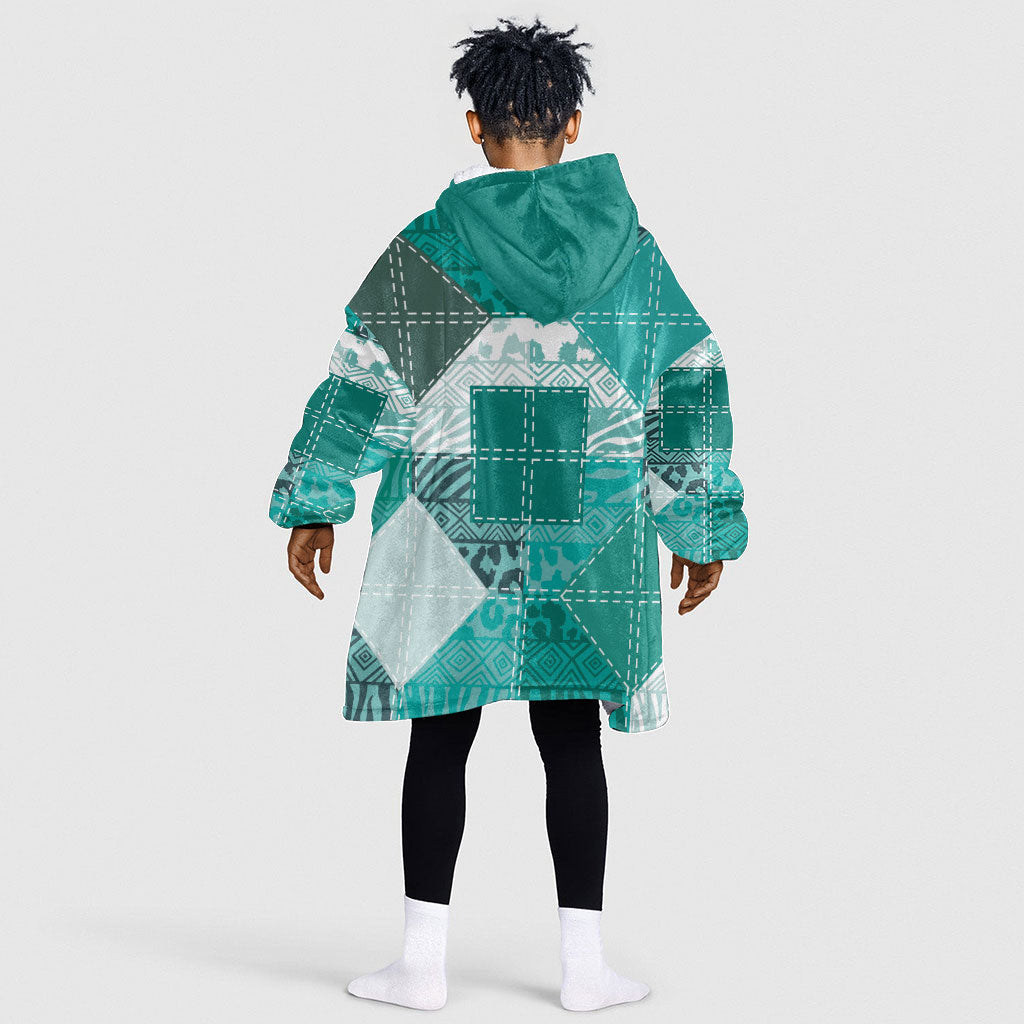 African American Quilt Inspired Kid Wearable Blanket Hoodie Wild Animal Skin African Turquoise Tribal Elements