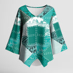 African American Quilt Inspired Kimono Sleeve Blouse Wild Animal Skin African Turquoise Tribal Elements