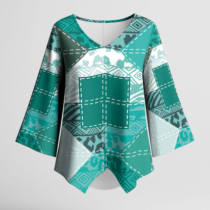 African American Quilt Inspired Kimono Sleeve Blouse Wild Animal Skin African Turquoise Tribal Elements