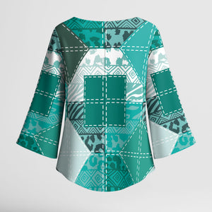 African American Quilt Inspired Kimono Sleeve Blouse Wild Animal Skin African Turquoise Tribal Elements