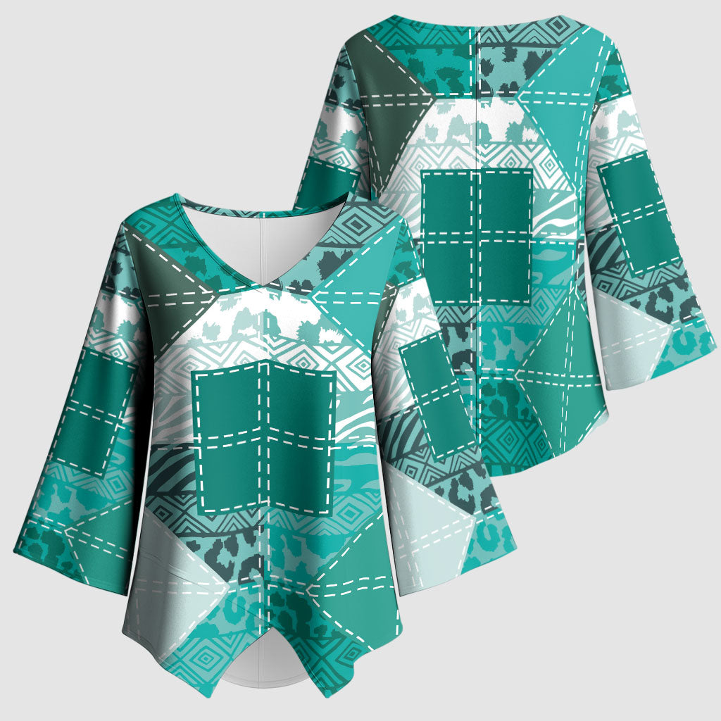 African American Quilt Inspired Kimono Sleeve Blouse Wild Animal Skin African Turquoise Tribal Elements