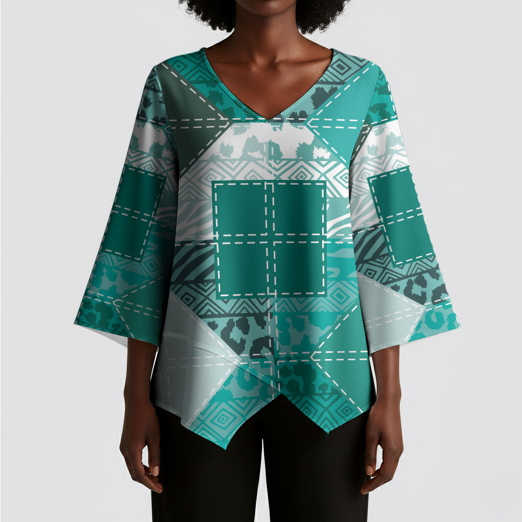 African American Quilt Inspired Kimono Sleeve Blouse Wild Animal Skin African Turquoise Tribal Elements