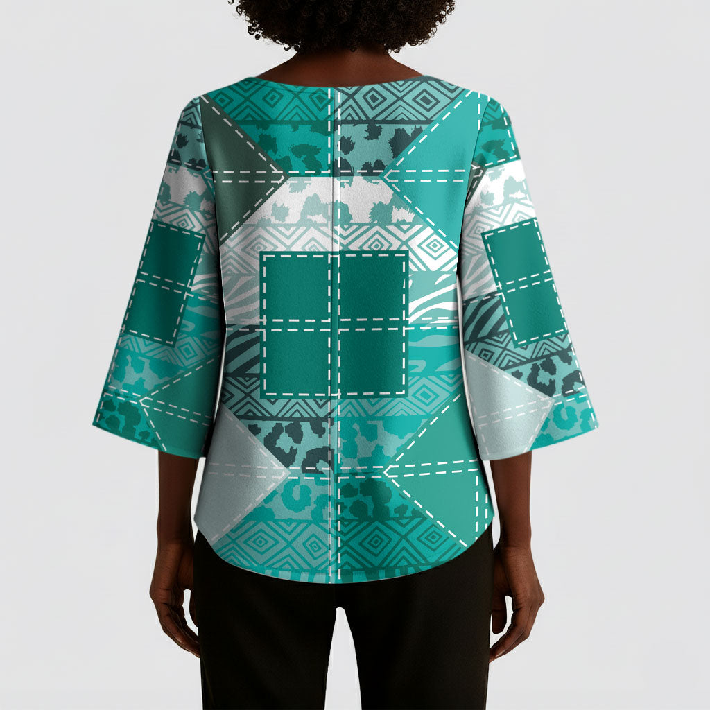 African American Quilt Inspired Kimono Sleeve Blouse Wild Animal Skin African Turquoise Tribal Elements