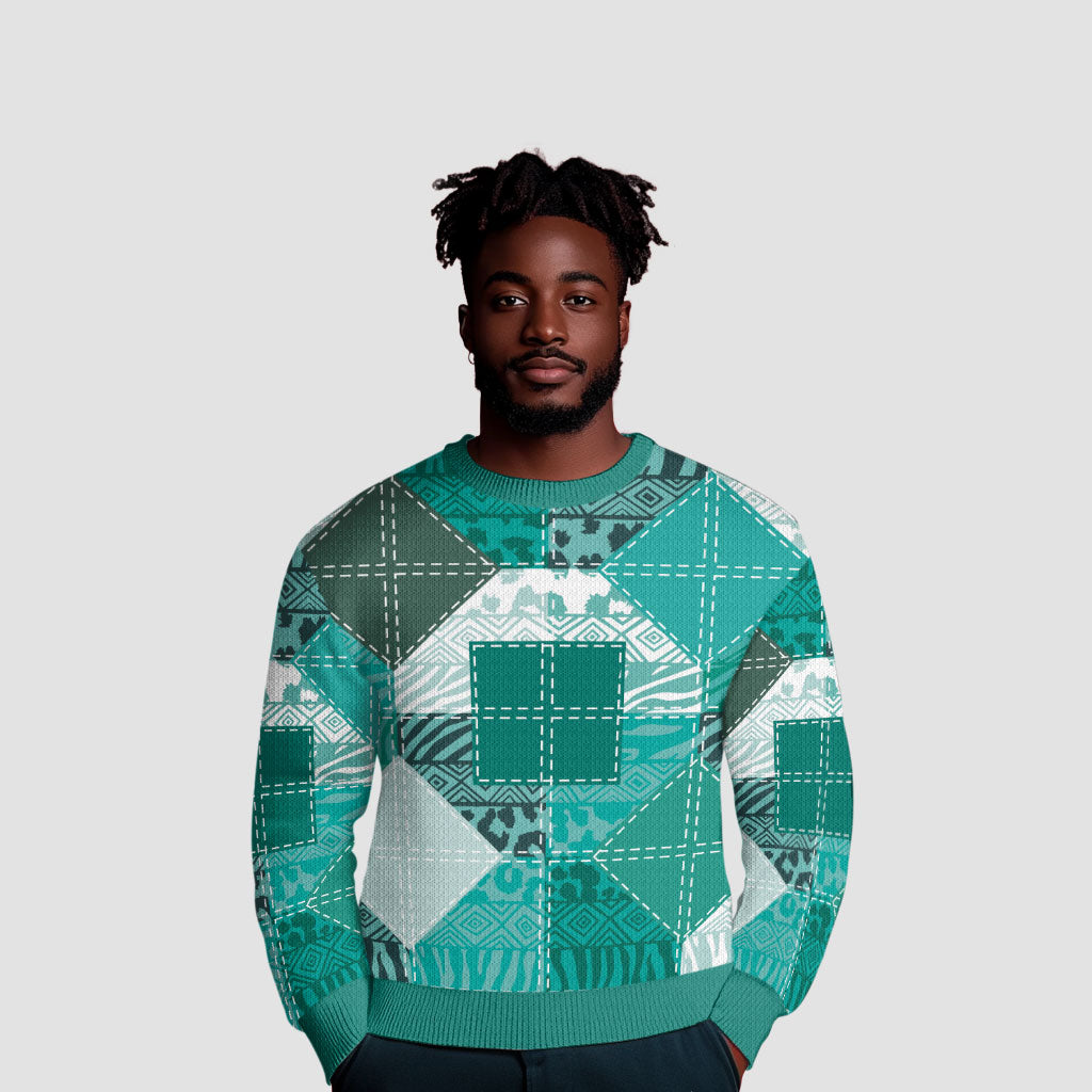 African American Quilt Inspired Ugly Christmas Sweater Wild Animal Skin African Turquoise Tribal Elements