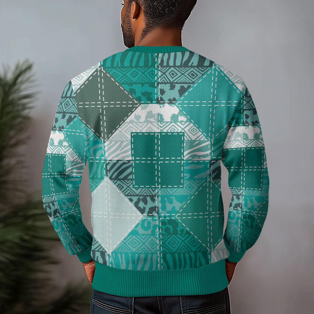 African American Quilt Inspired Ugly Christmas Sweater Wild Animal Skin African Turquoise Tribal Elements