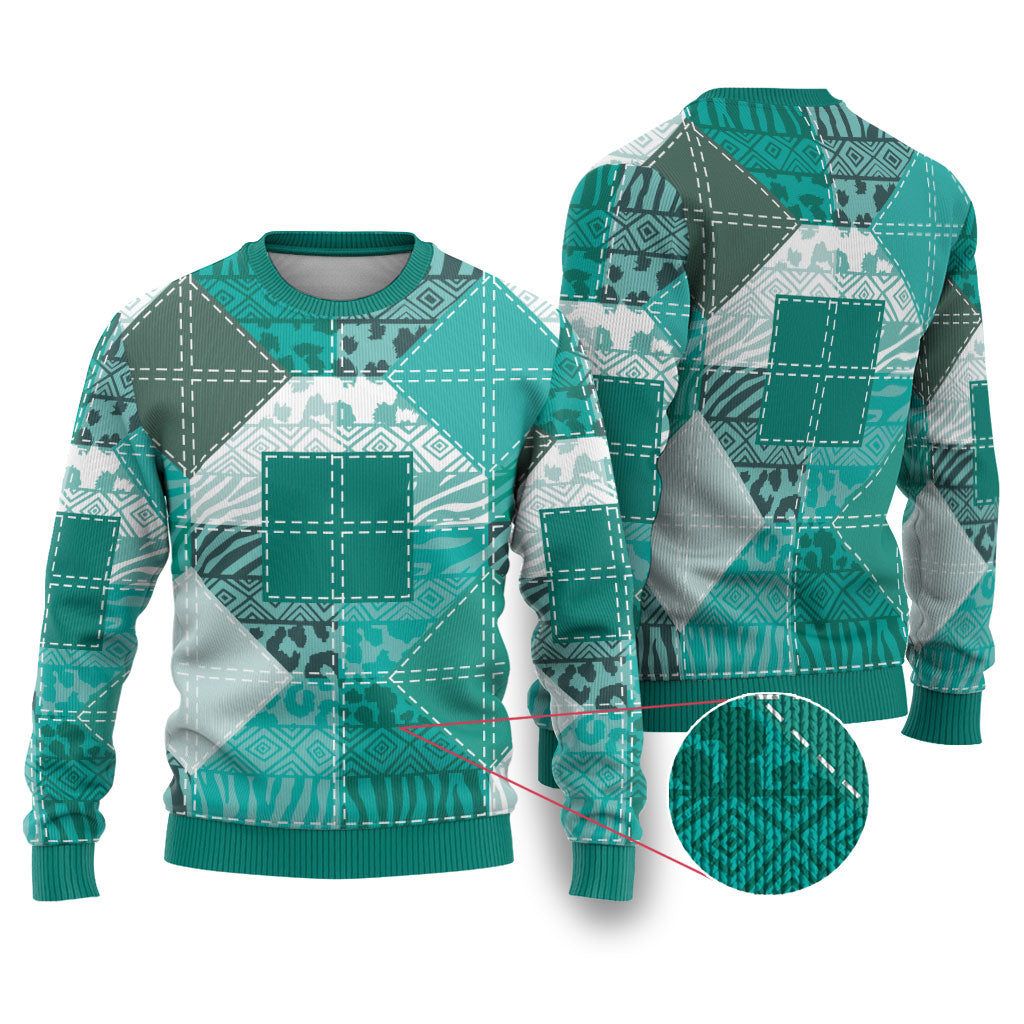 African American Quilt Inspired Ugly Christmas Sweater Wild Animal Skin African Turquoise Tribal Elements