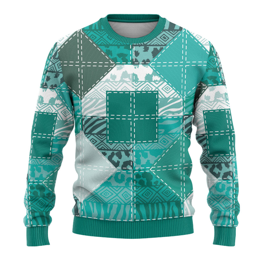 African American Quilt Inspired Ugly Christmas Sweater Wild Animal Skin African Turquoise Tribal Elements