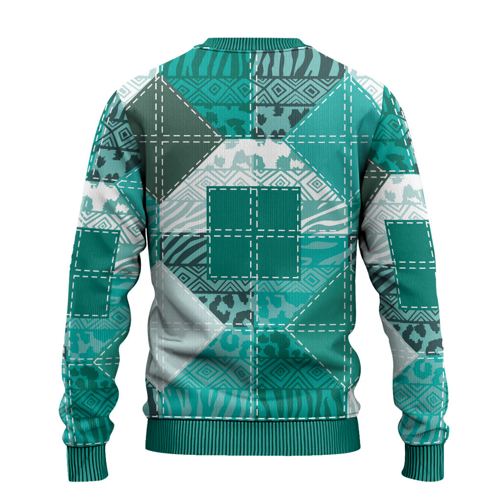 African American Quilt Inspired Ugly Christmas Sweater Wild Animal Skin African Turquoise Tribal Elements