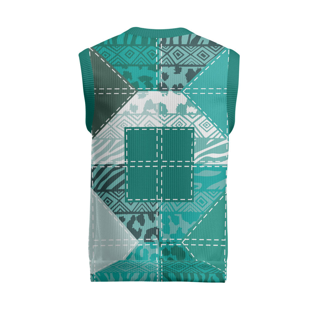 African American Quilt Inspired Christmas Knitted V-Neck Vest Wild Animal Skin African Turquoise Tribal Elements