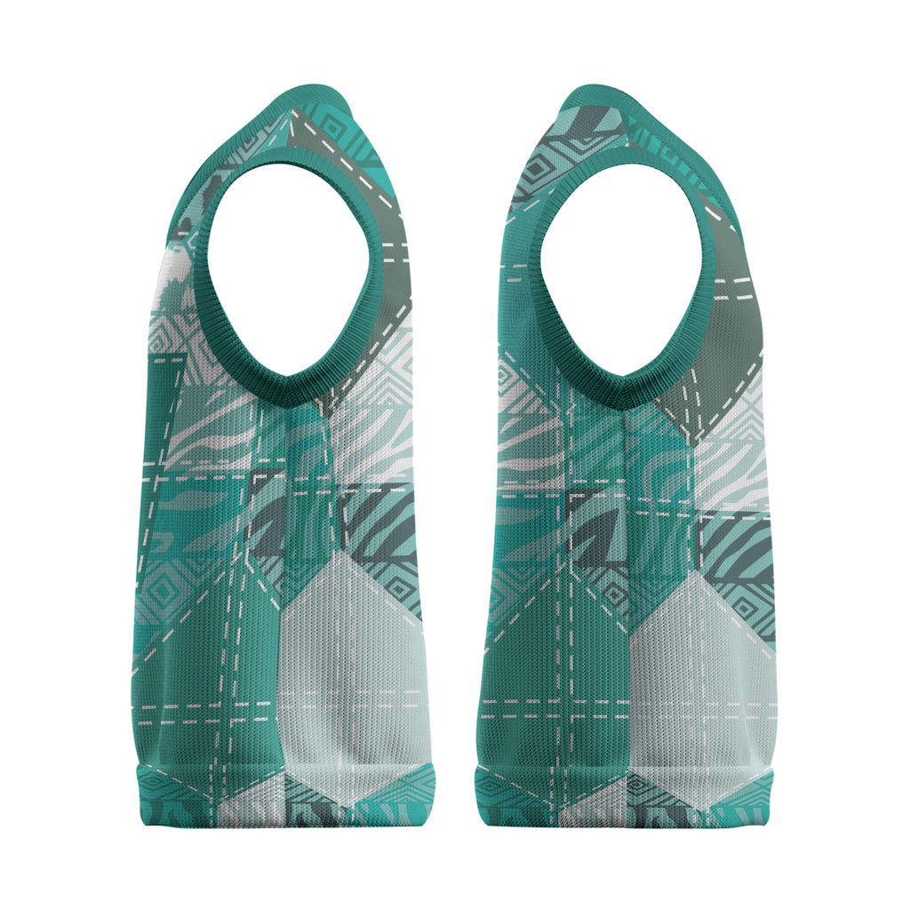 African American Quilt Inspired Christmas Knitted V-Neck Vest Wild Animal Skin African Turquoise Tribal Elements