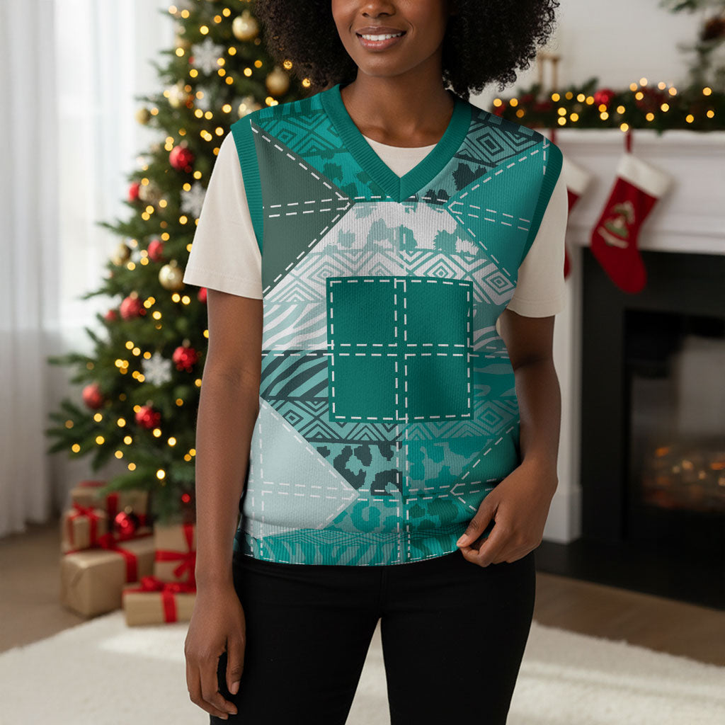 African American Quilt Inspired Christmas Knitted V-Neck Vest Wild Animal Skin African Turquoise Tribal Elements