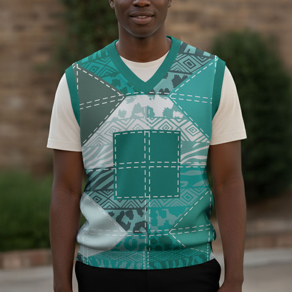 African American Quilt Inspired Christmas Knitted V-Neck Vest Wild Animal Skin African Turquoise Tribal Elements