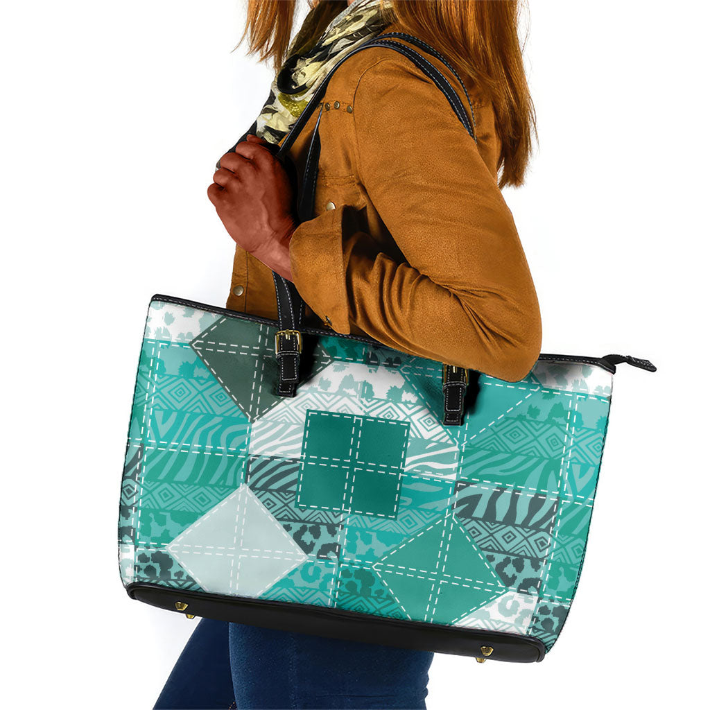 African American Quilt Inspired Leather Tote Bag Wild Animal Skin African Turquoise Tribal Elements