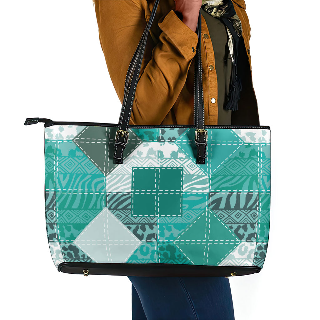 African American Quilt Inspired Leather Tote Bag Wild Animal Skin African Turquoise Tribal Elements