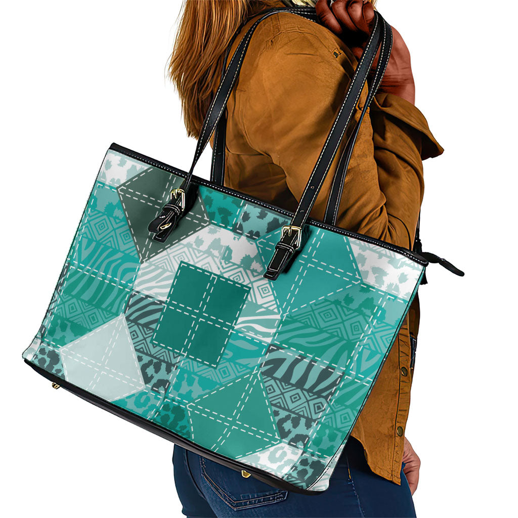 African American Quilt Inspired Leather Tote Bag Wild Animal Skin African Turquoise Tribal Elements