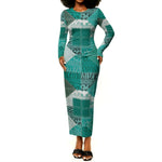 African American Quilt Inspired Long Sleeve Bodycon Dress Wild Animal Skin African Turquoise Tribal Elements