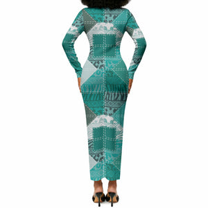 African American Quilt Inspired Long Sleeve Bodycon Dress Wild Animal Skin African Turquoise Tribal Elements