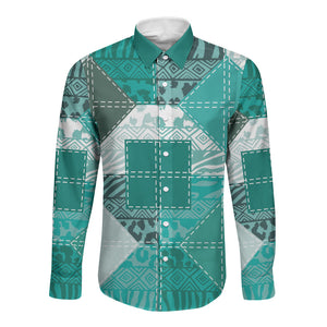 African American Quilt Inspired Long Sleeve Button Shirt Wild Animal Skin African Turquoise Tribal Elements