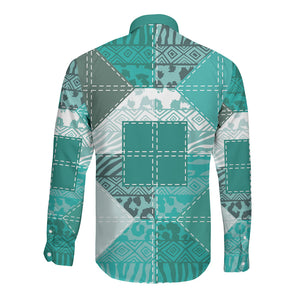 African American Quilt Inspired Long Sleeve Button Shirt Wild Animal Skin African Turquoise Tribal Elements