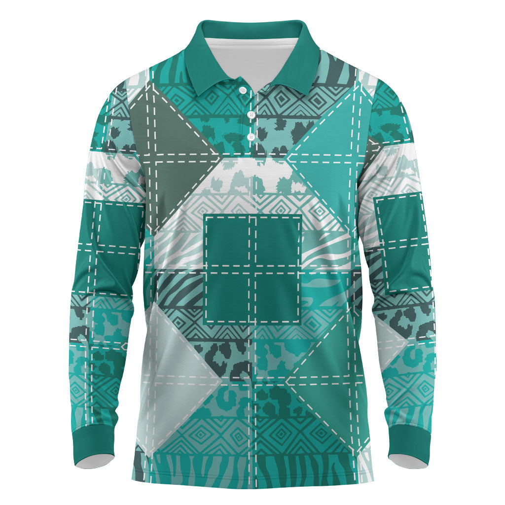 African American Quilt Inspired Long Sleeve Polo Shirt Wild Animal Skin African Turquoise Tribal Elements