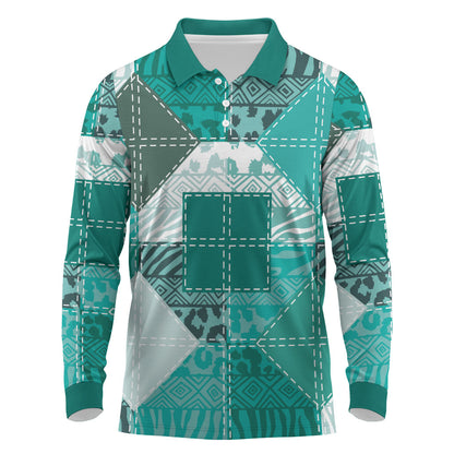 African American Quilt Inspired Long Sleeve Polo Shirt Wild Animal Skin African Turquoise Tribal Elements