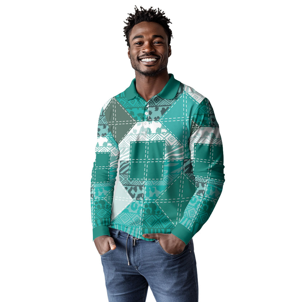 African American Quilt Inspired Long Sleeve Polo Shirt Wild Animal Skin African Turquoise Tribal Elements