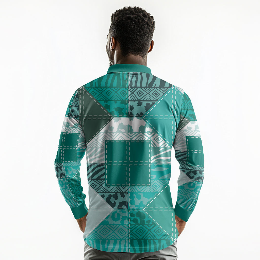African American Quilt Inspired Long Sleeve Polo Shirt Wild Animal Skin African Turquoise Tribal Elements