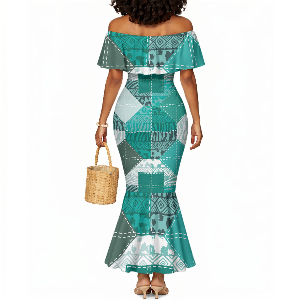 African American Quilt Inspired Mermaid Dress Wild Animal Skin African Turquoise Tribal Elements
