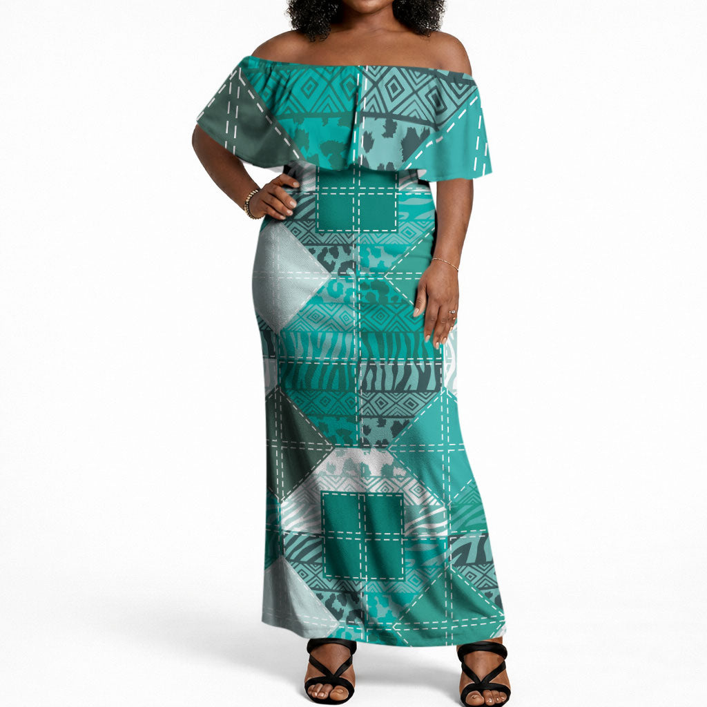 African American Quilt Inspired Off Shoulder Maxi Dress Wild Animal Skin African Turquoise Tribal Elements