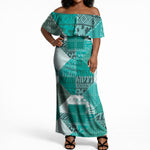 African American Quilt Inspired Off Shoulder Maxi Dress Wild Animal Skin African Turquoise Tribal Elements