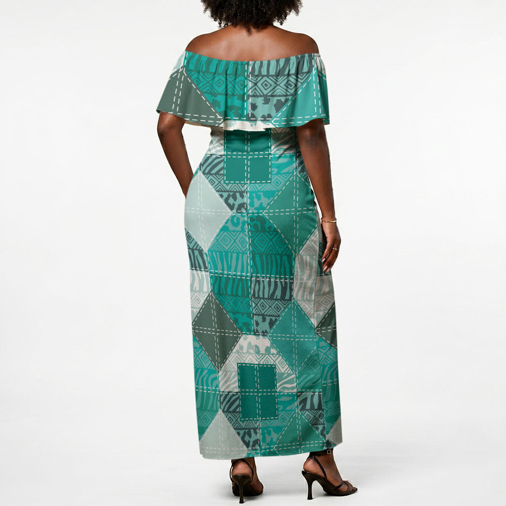 African American Quilt Inspired Off Shoulder Maxi Dress Wild Animal Skin African Turquoise Tribal Elements