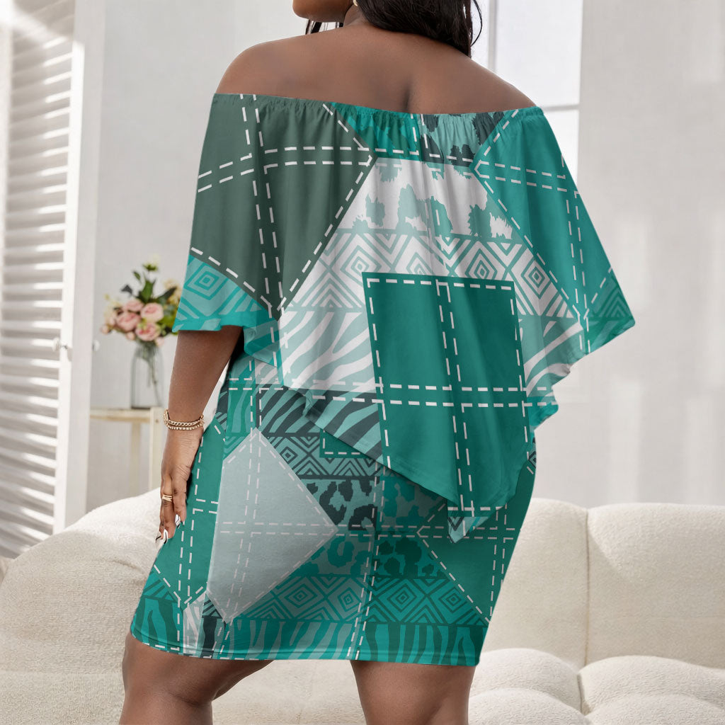 African American Quilt Inspired Off Shoulder Short Dress Wild Animal Skin African Turquoise Tribal Elements