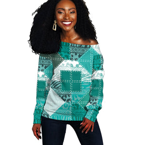 African American Quilt Inspired Off Shoulder Sweater Wild Animal Skin African Turquoise Tribal Elements