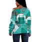 African American Quilt Inspired Off Shoulder Sweater Wild Animal Skin African Turquoise Tribal Elements