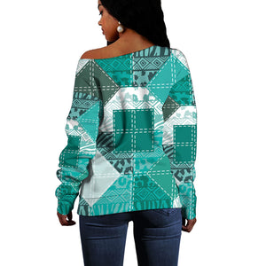 African American Quilt Inspired Off Shoulder Sweater Wild Animal Skin African Turquoise Tribal Elements
