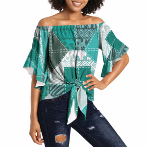 African American Quilt Inspired Off Shoulder Wrap Waist Top Wild Animal Skin African Turquoise Tribal Elements
