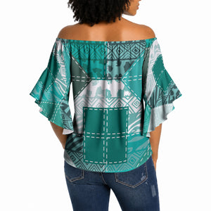 African American Quilt Inspired Off Shoulder Wrap Waist Top Wild Animal Skin African Turquoise Tribal Elements