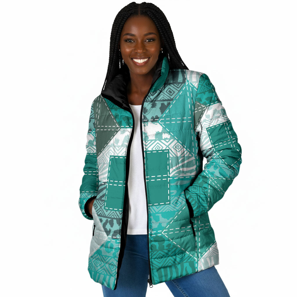 African American Quilt Inspired Padded Jacket Wild Animal Skin African Turquoise Tribal Elements