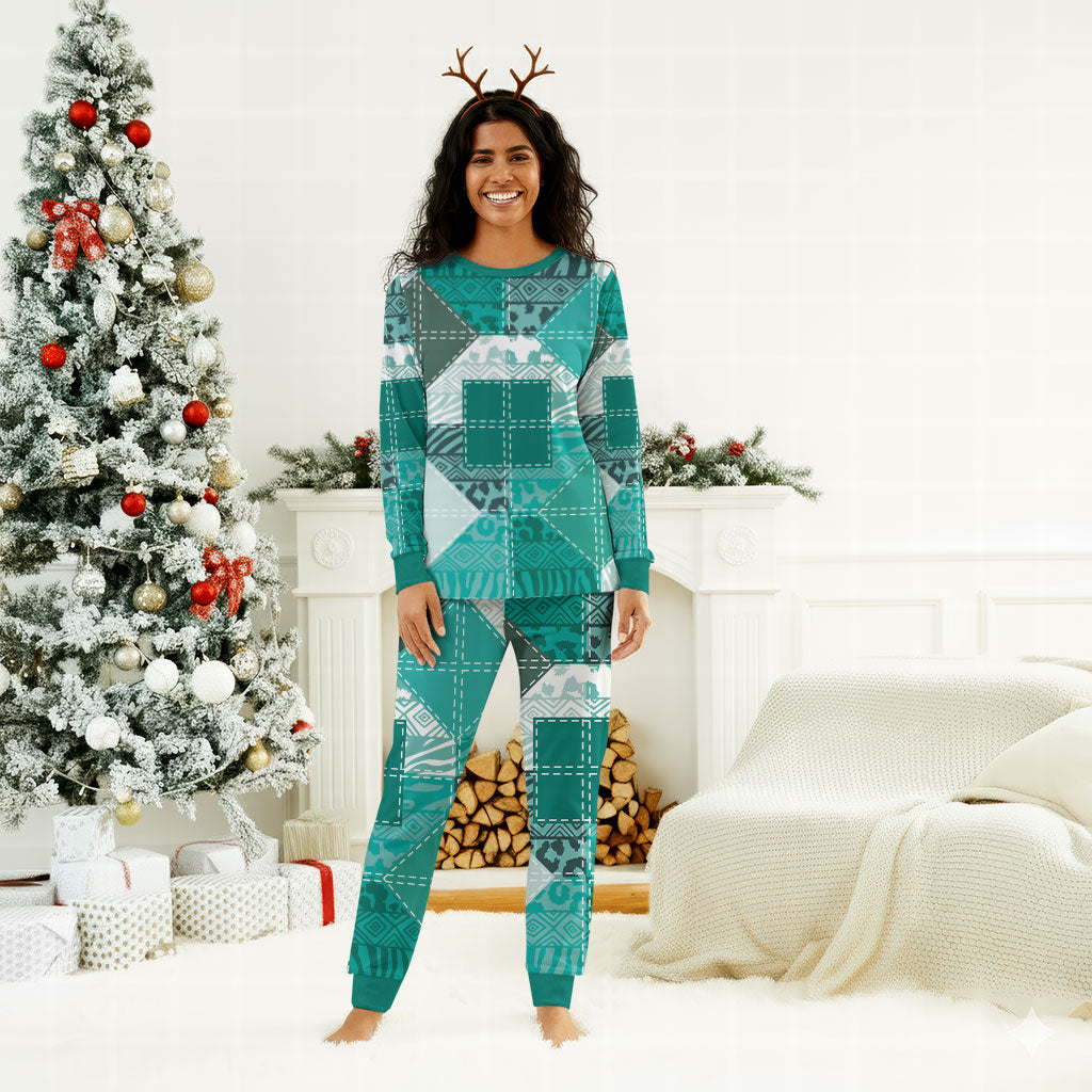 African American Quilt Inspired Christmas Pajama Set Wild Animal Skin African Turquoise Tribal Elements