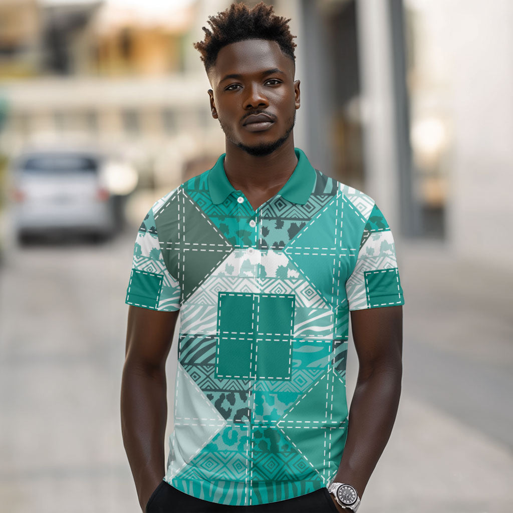 African American Quilt Inspired Polo Shirt Wild Animal Skin African Turquoise Tribal Elements
