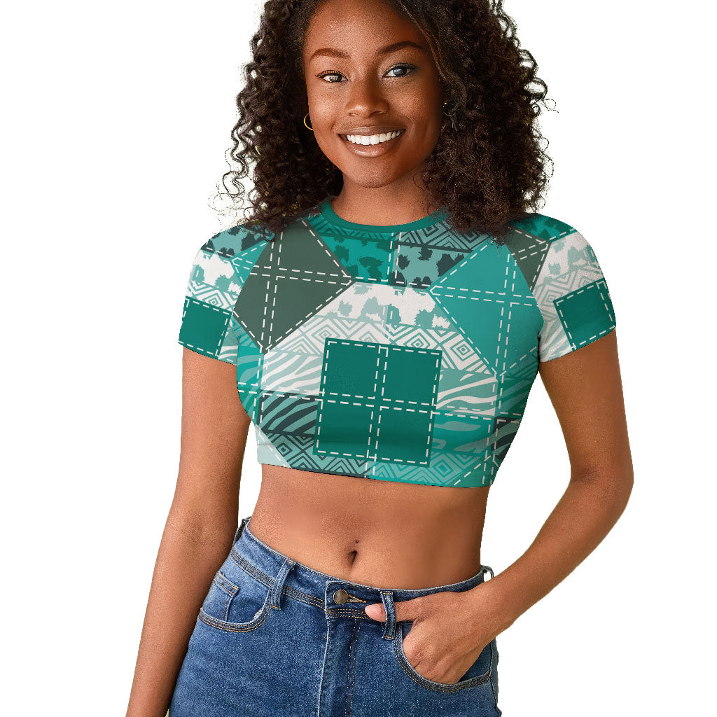 African American Quilt Inspired Raglan Cropped T shirt Wild Animal Skin African Turquoise Tribal Elements