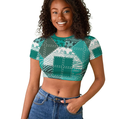 African American Quilt Inspired Raglan Cropped T shirt Wild Animal Skin African Turquoise Tribal Elements