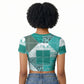 African American Quilt Inspired Raglan Cropped T shirt Wild Animal Skin African Turquoise Tribal Elements